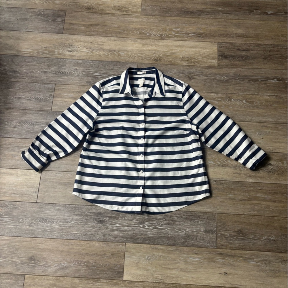 Chicos Shirt Women’s 3/XL Effortless No Iron Satin Stripe Bartack Back Nautical